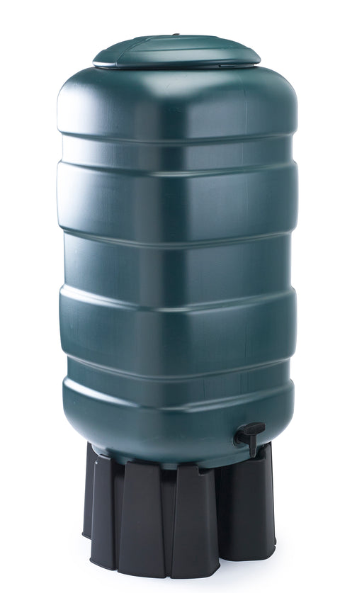 Green rainwater harvesting tank on a white background